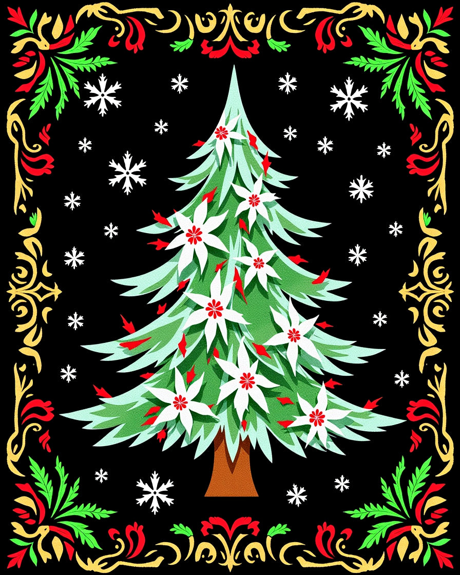 Festive Christmas Tree Poinsettia Snowflakes Rug