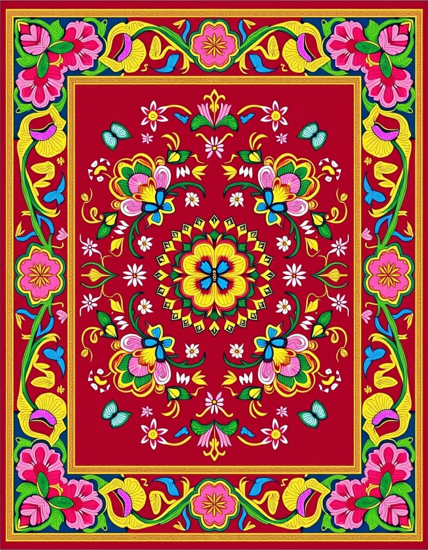 Vibrant Red Floral Butterfly Garden Rug