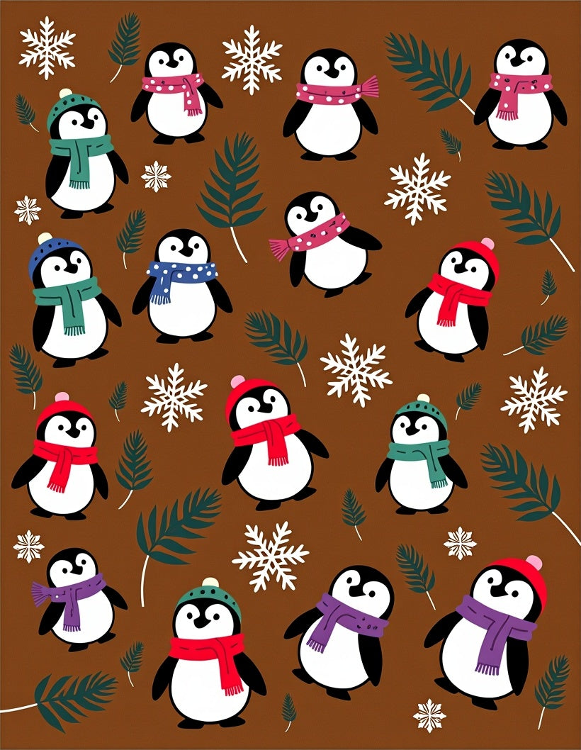 Charming Penguin Snowfall Brown Holiday Rug