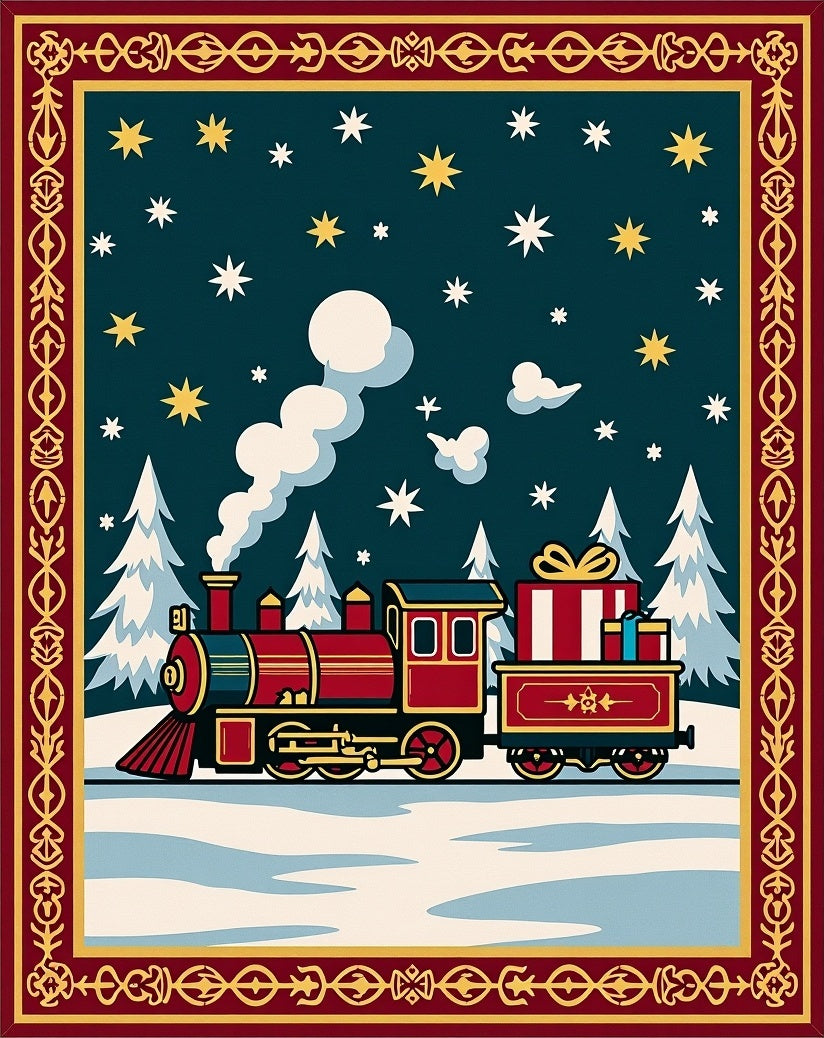 Retro Train Snowy Night Christmas Rug