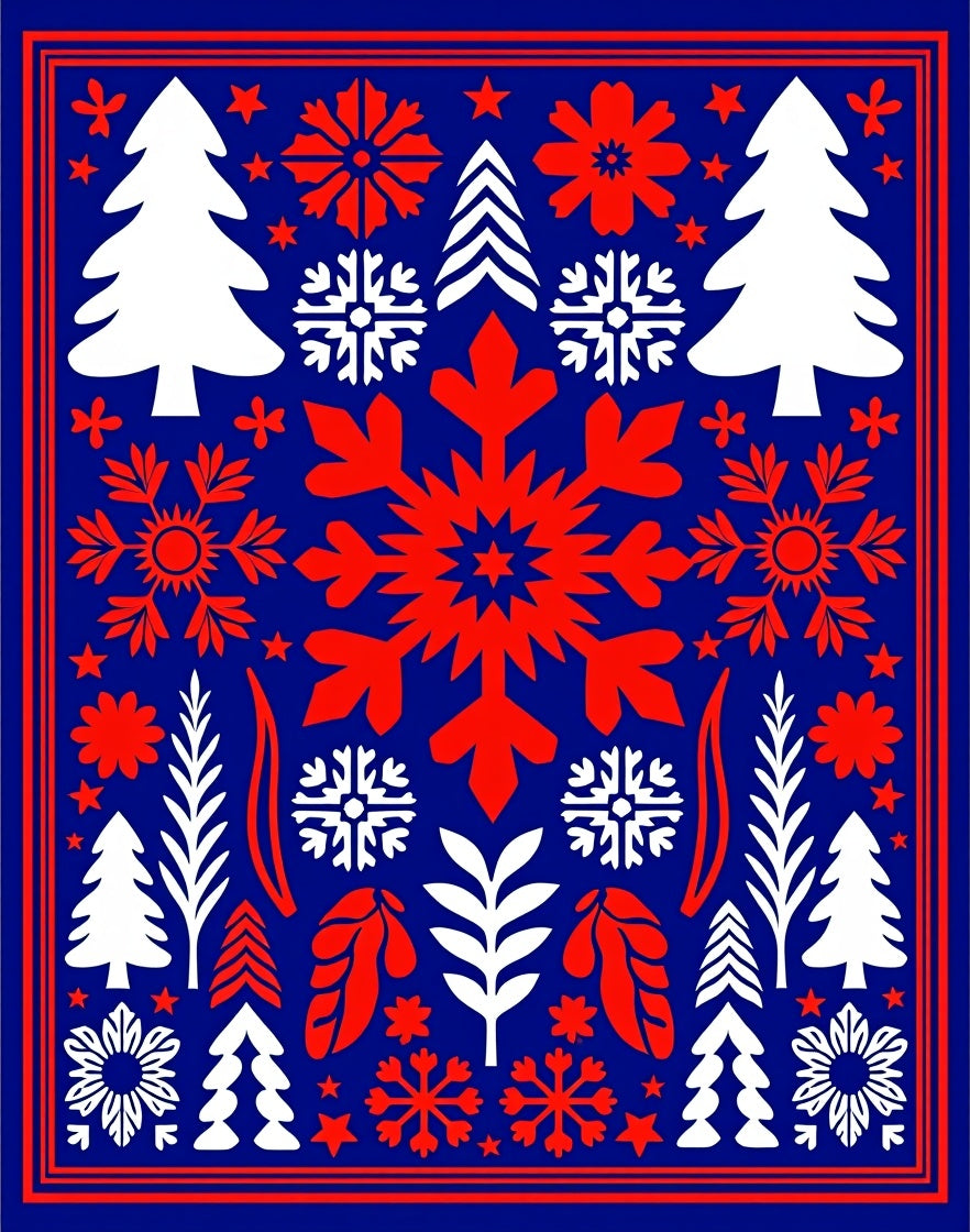 Festive Blue Red Snowflake Tree Medley Rug