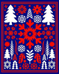 Festive Blue Red Snowflake Tree Medley Rug