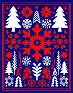 Festive Blue Red Snowflake Tree Medley Rug