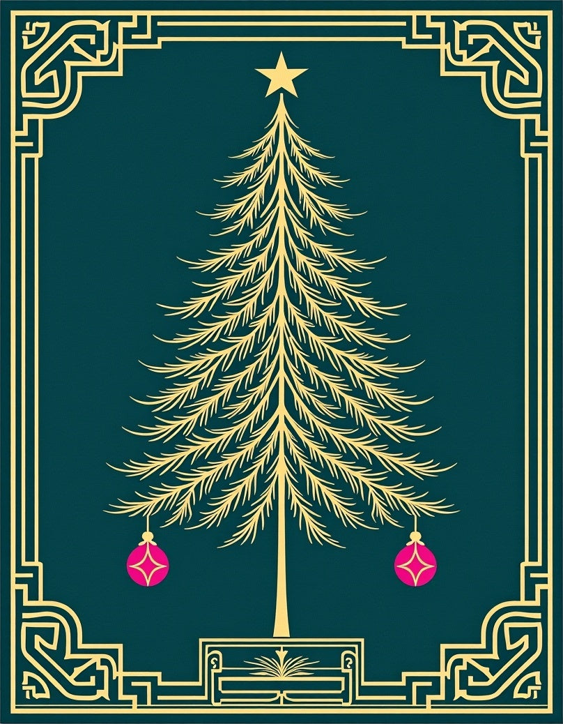 Golden Christmas Tree Pink Ornaments Rug
