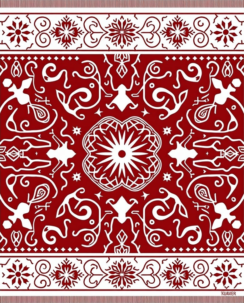 Crimson White Folk Inspired Medallion Rug