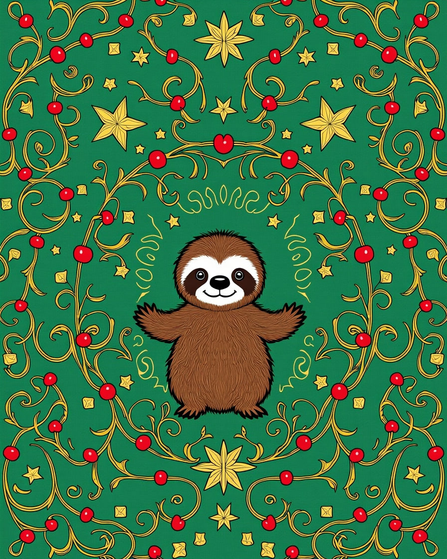 Green Sloth Cherries Gold Stars Border Rug