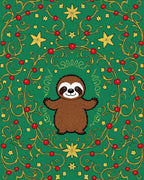 Green Sloth Cherries Gold Stars Border Rug