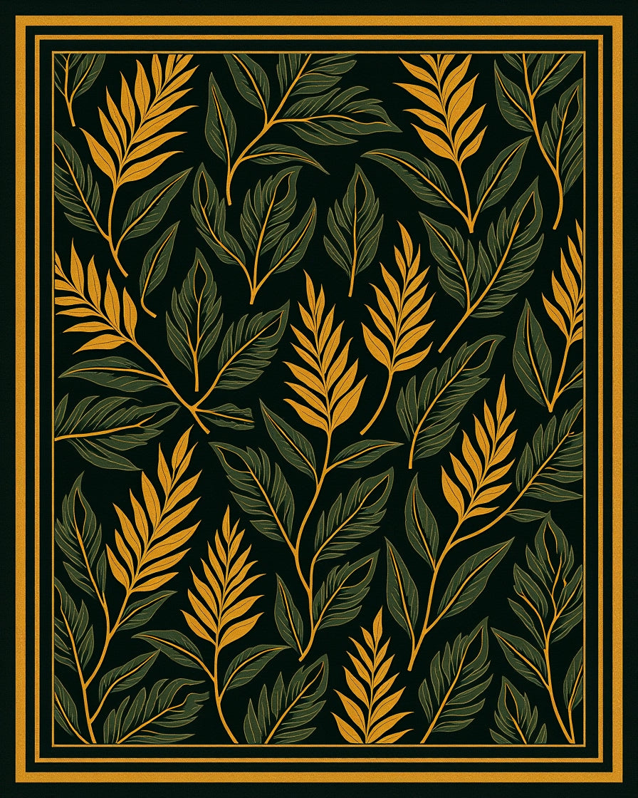 Dark Green Golden Leaf Branch Art Rug