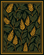 Dark Green Golden Leaf Branch Art Rug