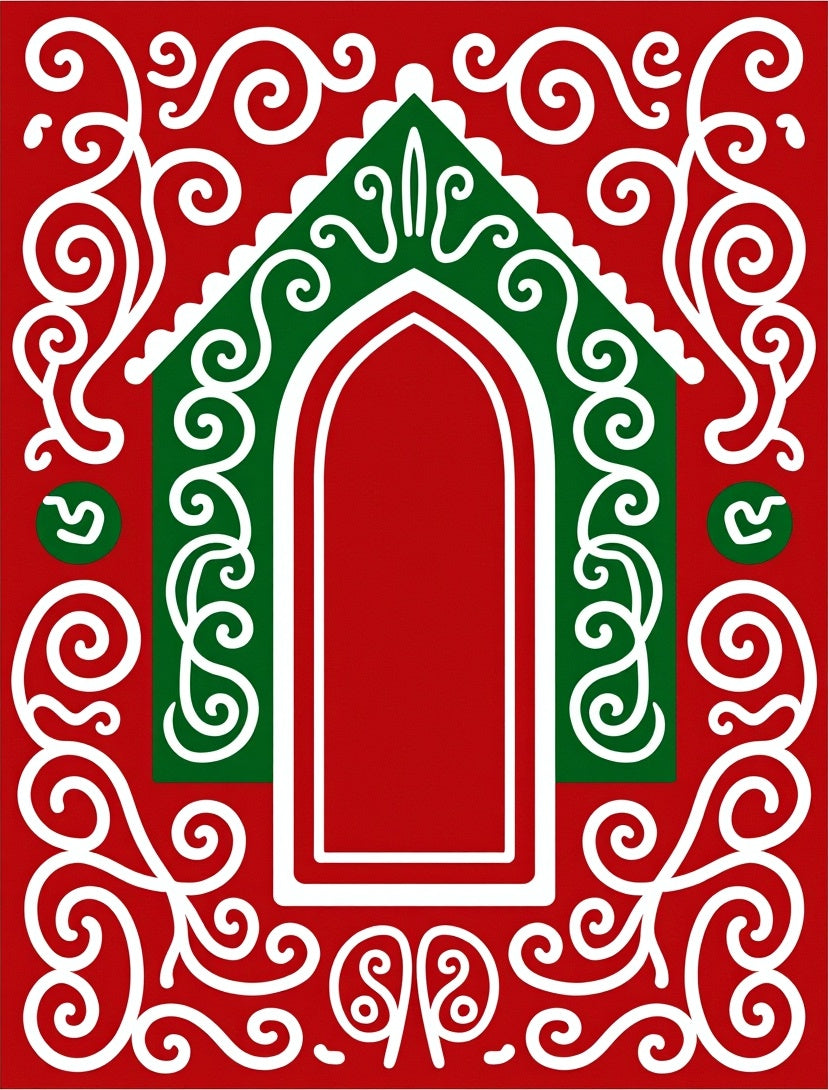 Vibrant Red Gingerbread House Swirls Rug