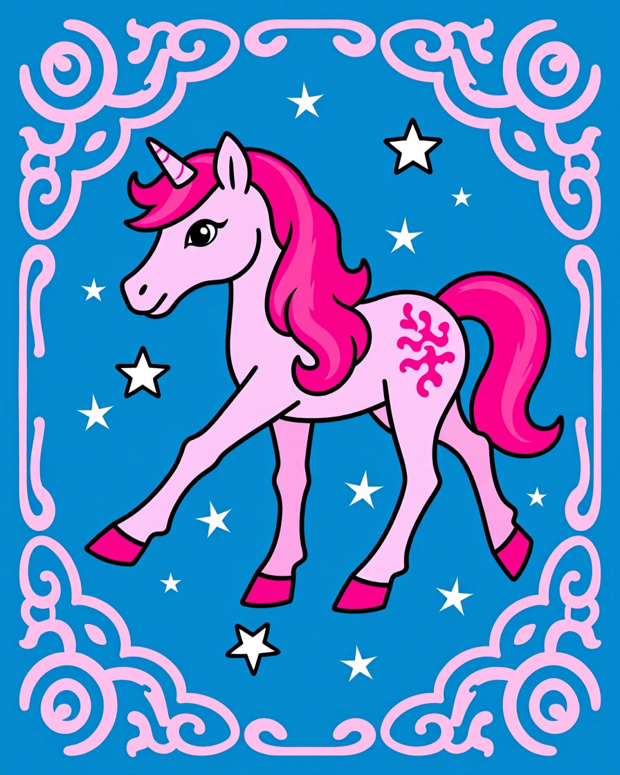 Pink Unicorn Stars Swirl Border Rug
