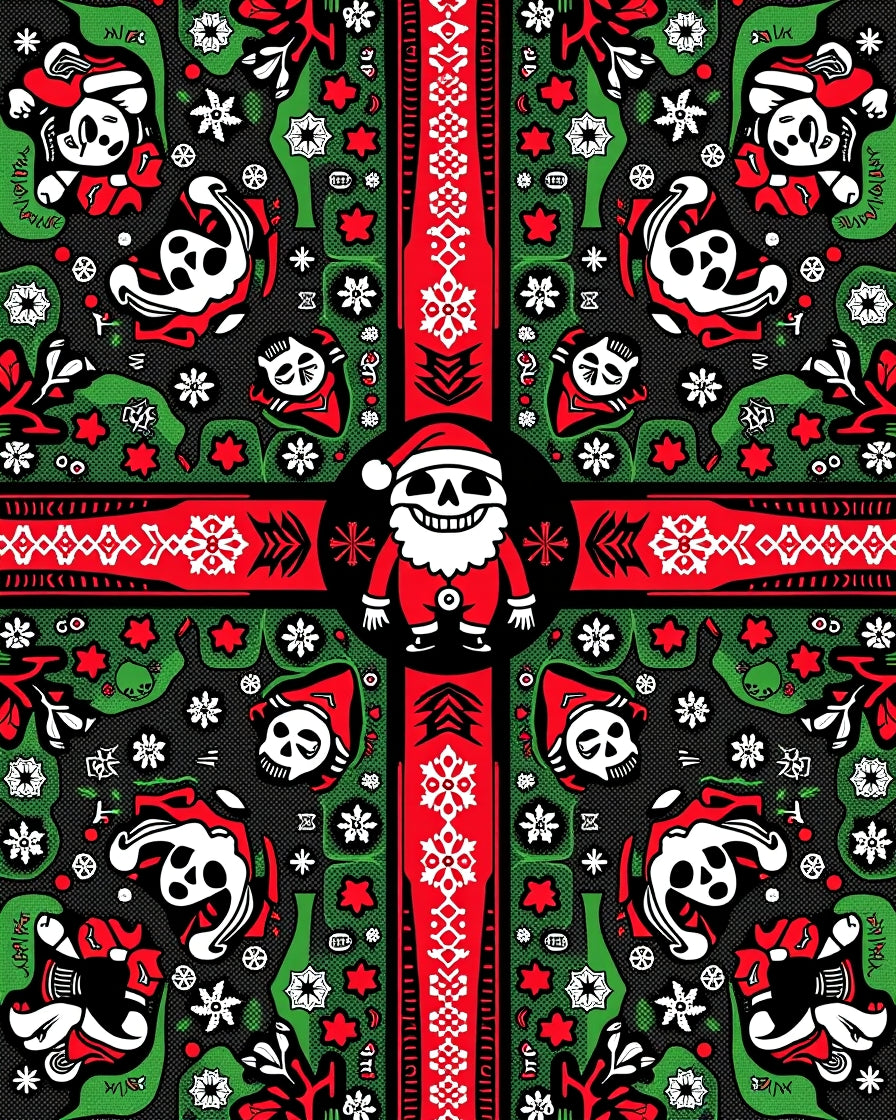 Bold Red Black Holly Skull Santa Rug