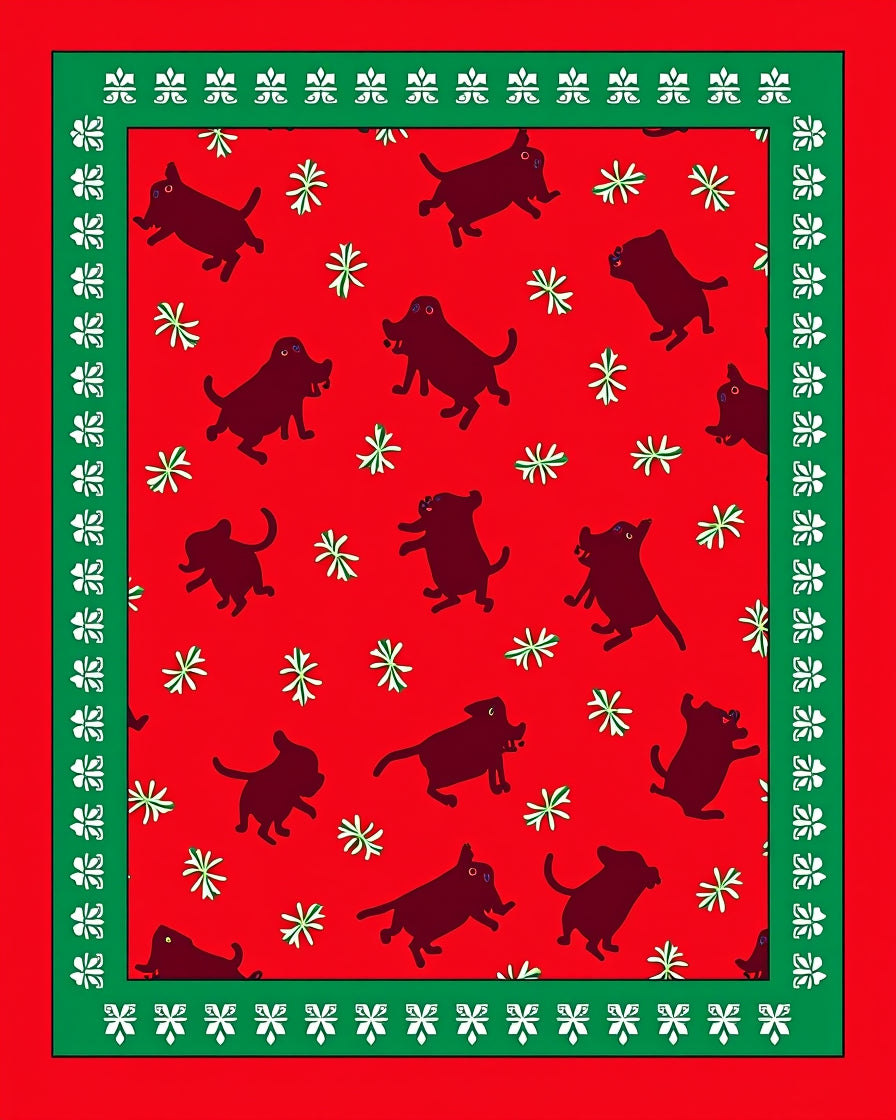 Red Whimsical Dogs Snowflakes Border Rug