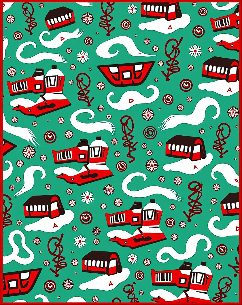 Whimsical Red Train Mint Cloud Rug