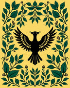 Bold Black Bird Green Foliage Yellow Rug