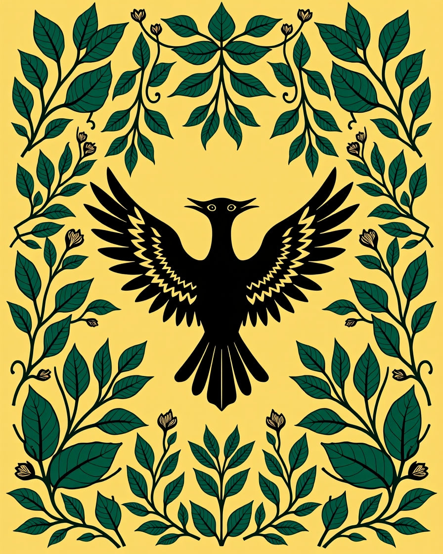 Bold Black Bird Green Foliage Yellow Rug