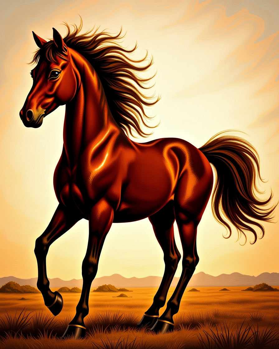 Galloping Chestnut Horse in Sunset Landscape Rug