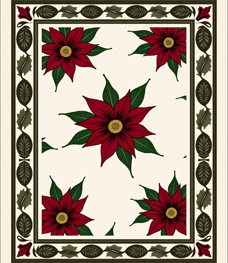 Crimson Poinsettia Floral Border Rug