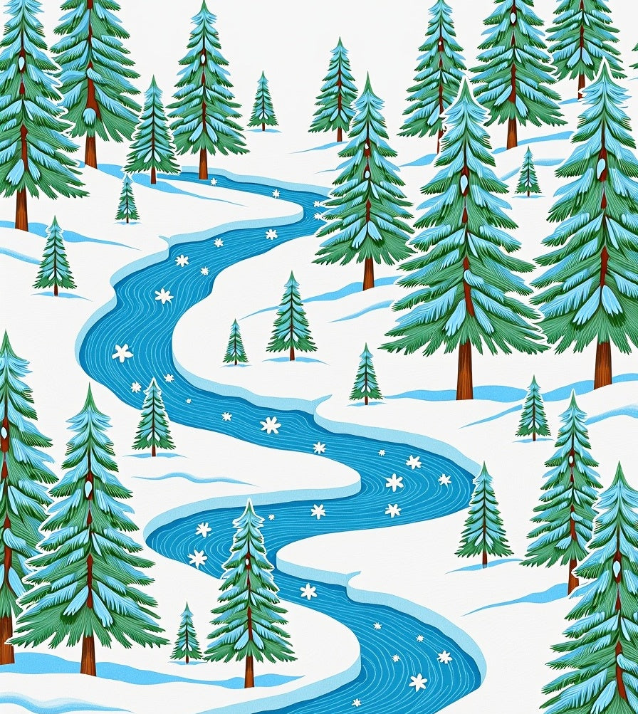 Winter Evergreen River Snowflakes Scene Rug