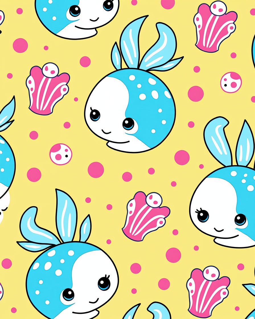 Cute Blue Fish Pink Seashells Yellow Rug