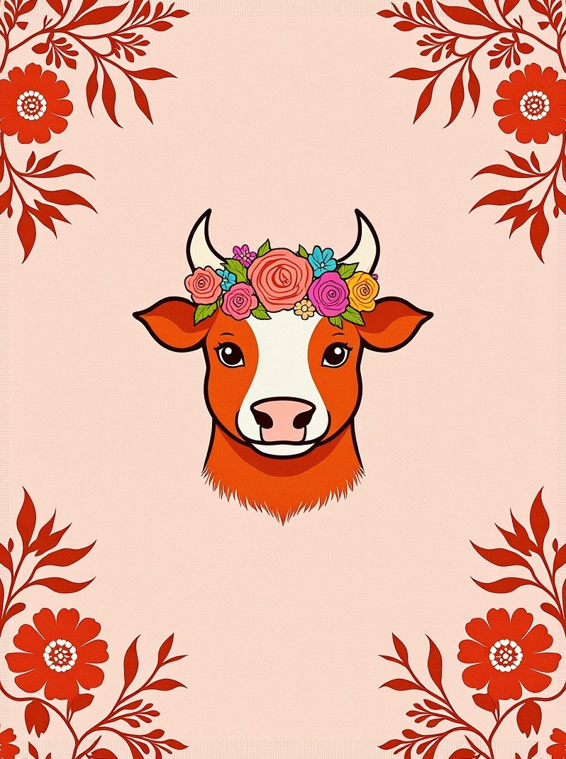Whimsical Cow Floral Wreath Rug