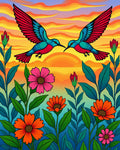 Two Hummingbirds Amongst Colorful Blooms Rug