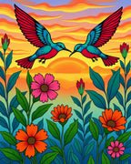 Two Hummingbirds Amongst Colorful Blooms Rug