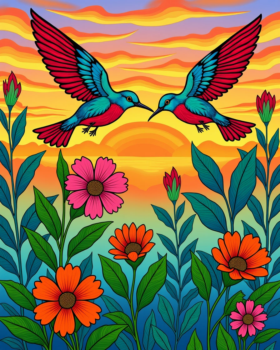 Two Hummingbirds Amongst Colorful Blooms Rug