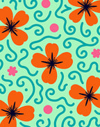 Modern Orange Floral Teal Swirl Rug