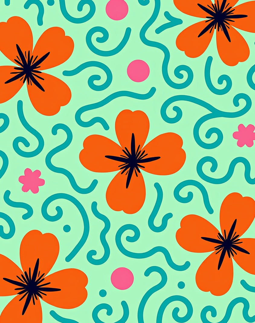 Modern Orange Floral Teal Swirl Rug