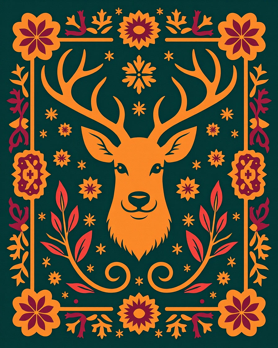 Orange Deer With Floral Border Rug