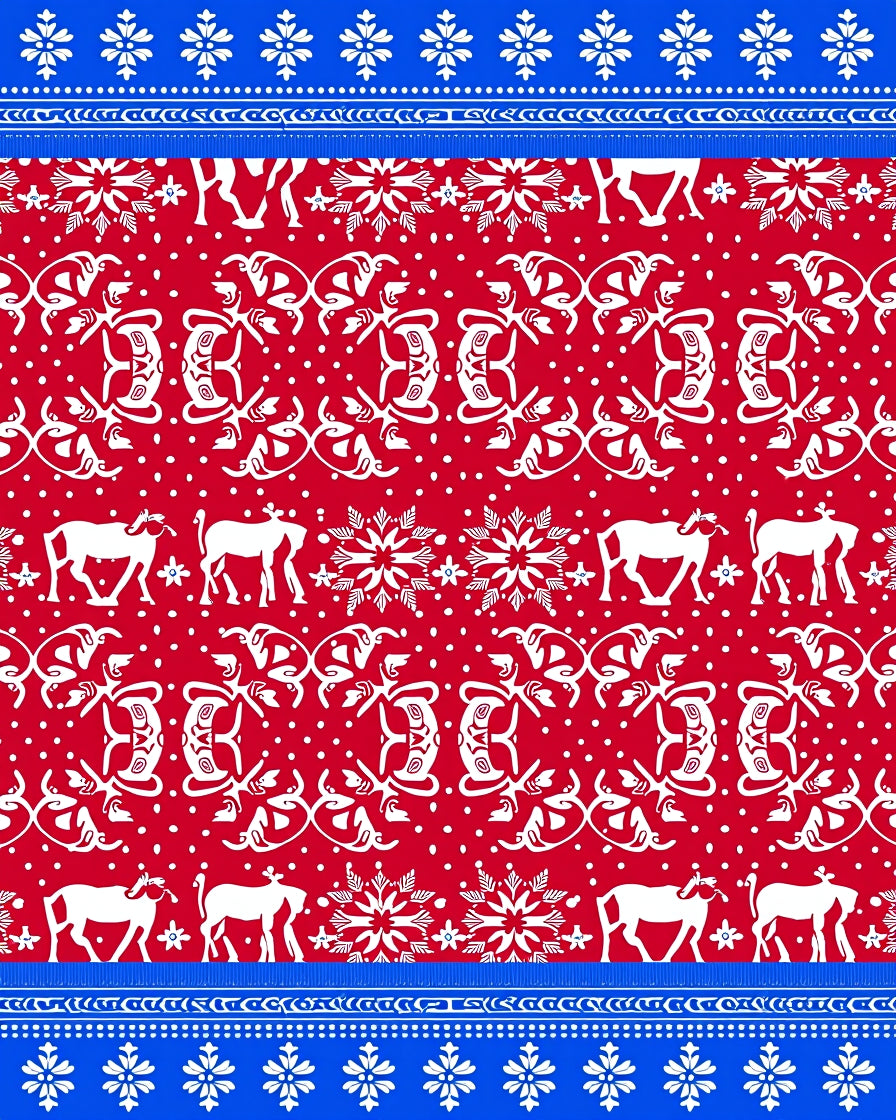 Red White Reindeer Snowflakes Border Rug