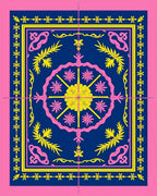 Vibrant Pink Blue Yellow Floral Medallion Rug