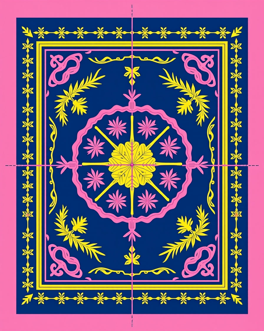 Vibrant Pink Blue Yellow Floral Medallion Rug