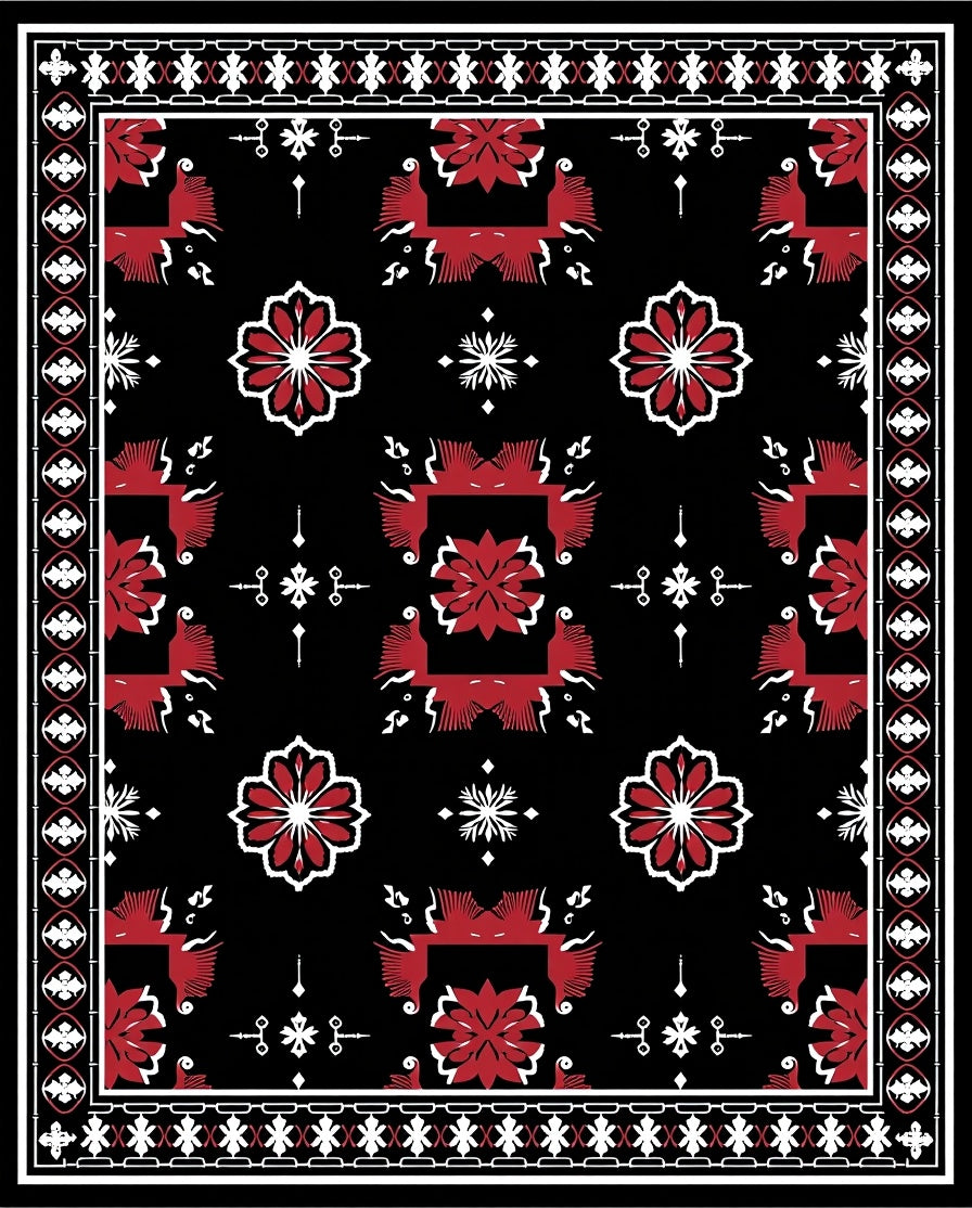 Bold Red Floral Black Ground Rug