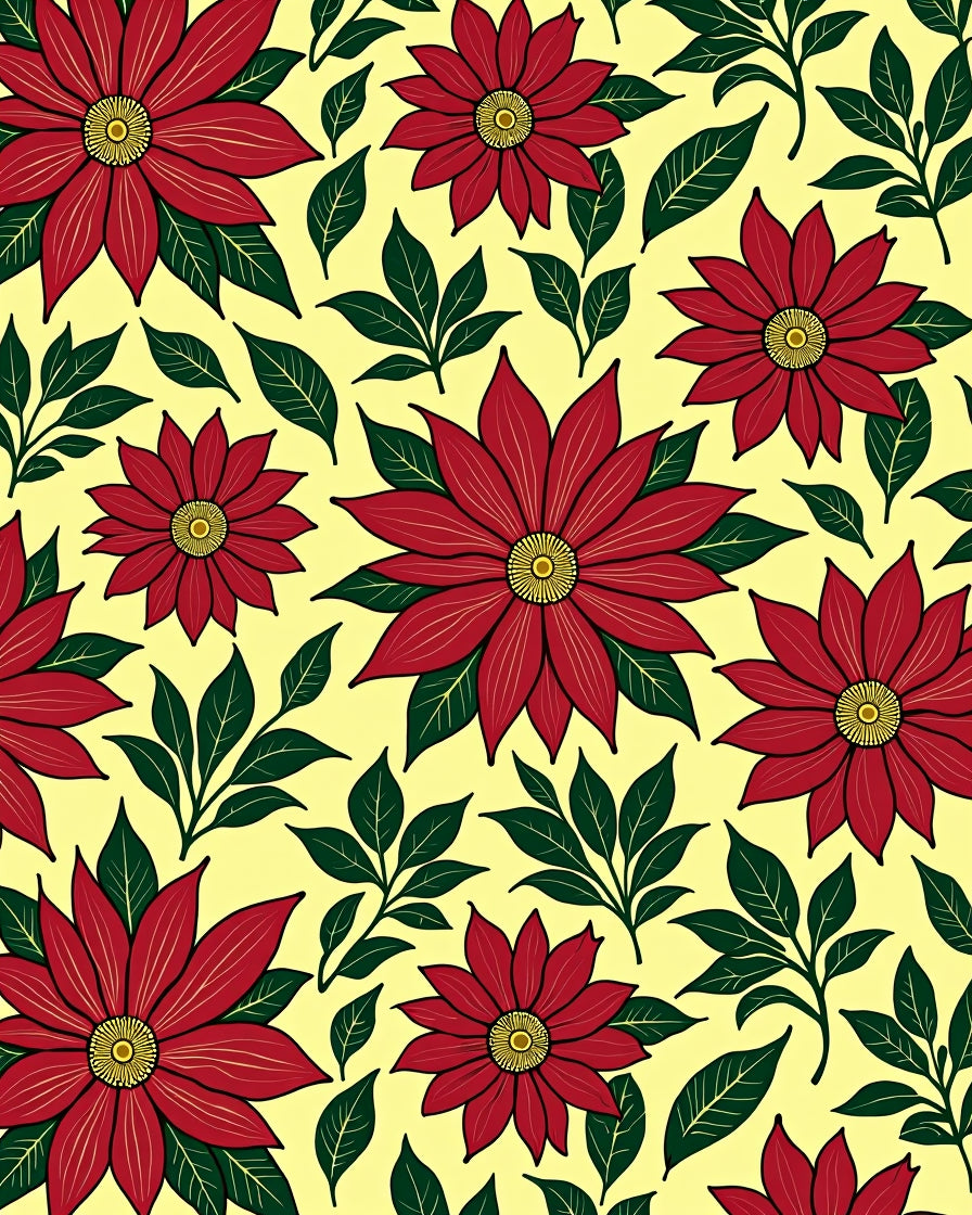 Red Floral Blossom Leafy Yellow Rug