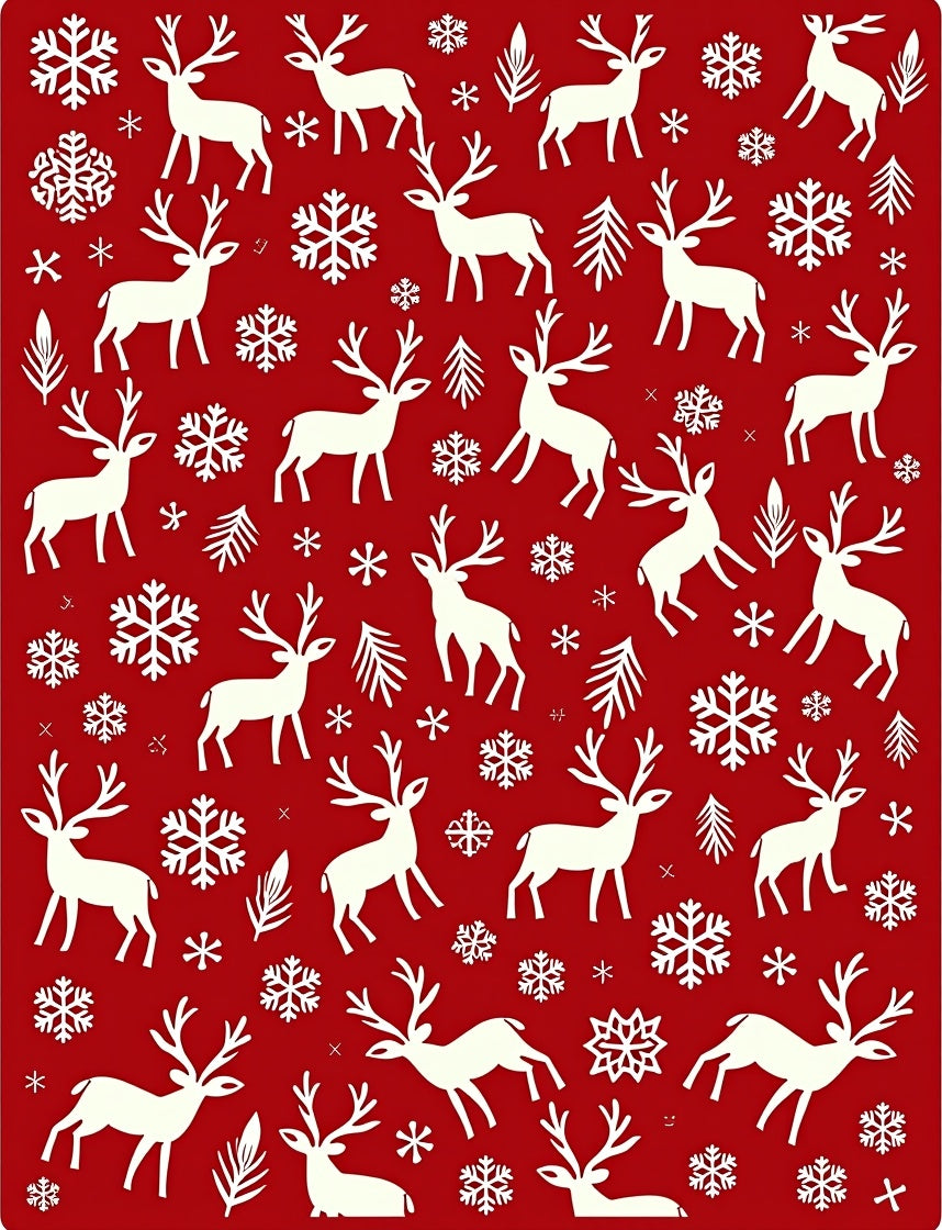 White Reindeer Snowflakes Festive Red Rug
