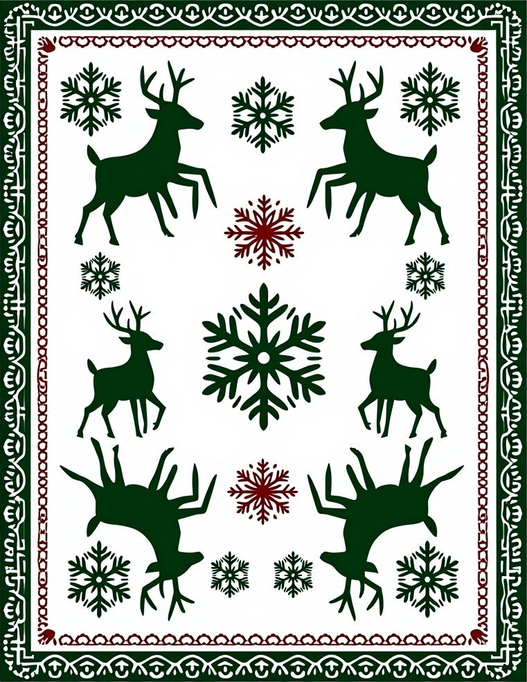 Green Dark Red Deer Snowflakes Border Rug