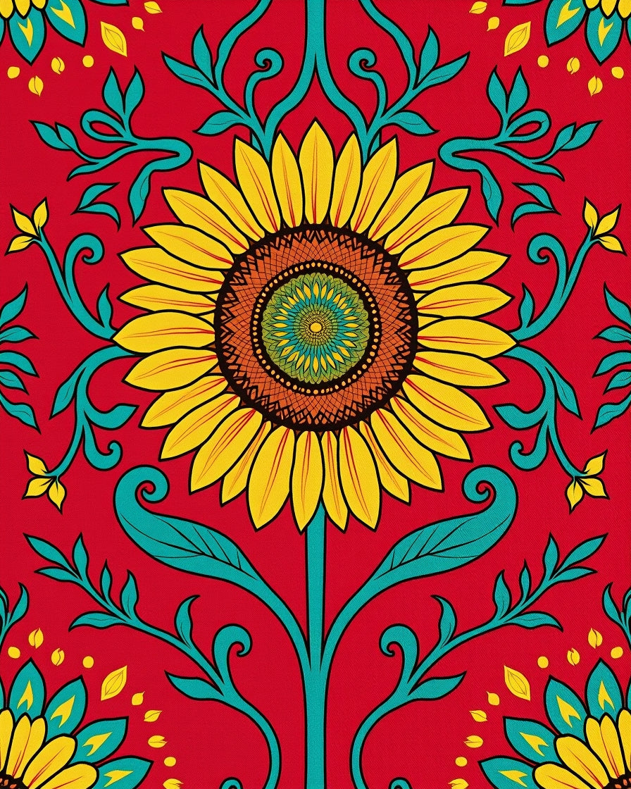 Vibrant Red and Yellow Sunflower Floral Art Rug
