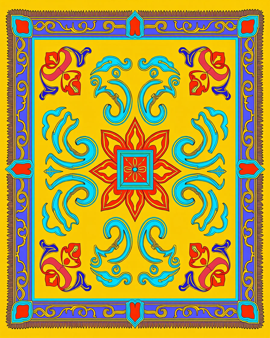 Yellow Red Blue Floral Medallion Border Rug