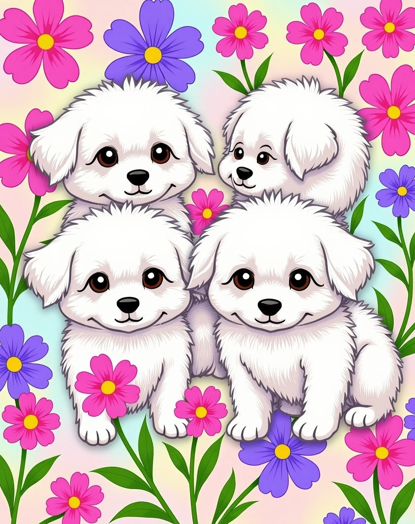 Four White Puppies Among Colorful Flowers Rug