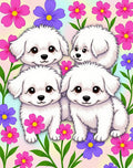 Four White Puppies Among Colorful Flowers Rug