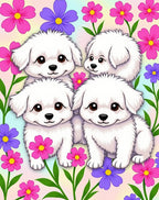 Four White Puppies Among Colorful Flowers Rug