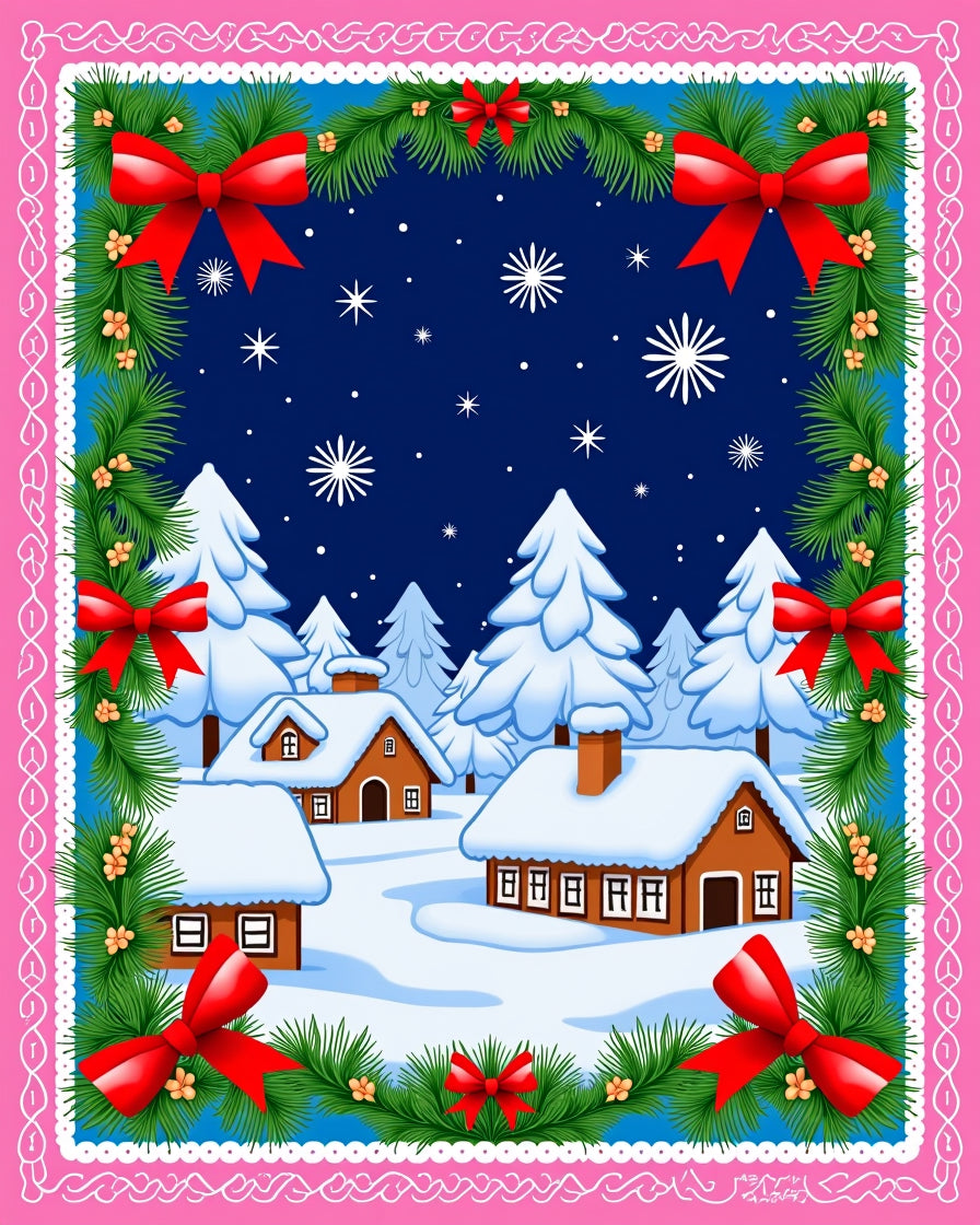 Cozy Snow Village Red Bows Garland Rug