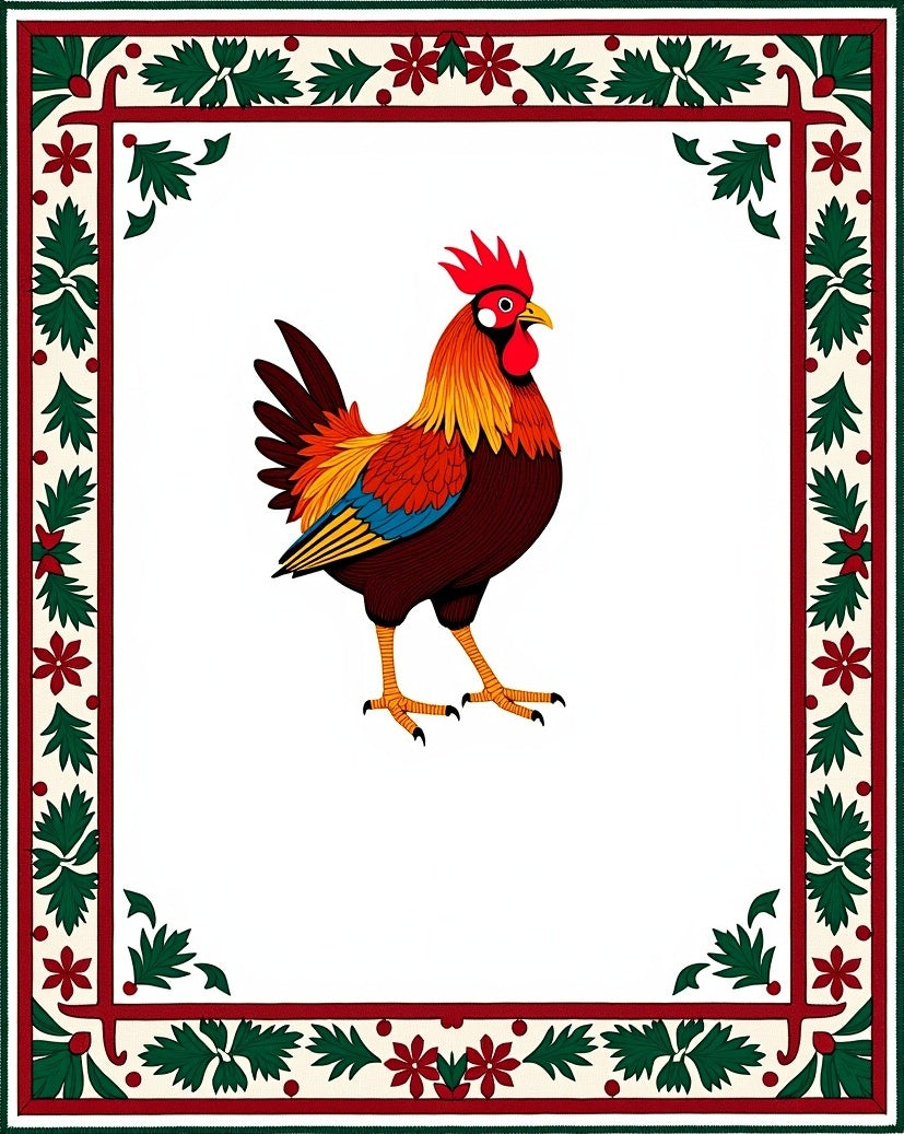 Rooster With Red Green Border Rug