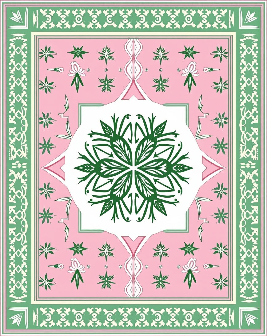 Pink Green Floral Medallion Border Rug