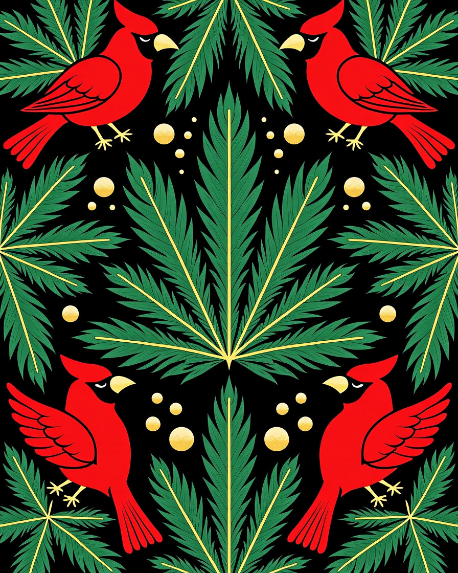 Red Cardinal Green Foliage Gold Dots Rug