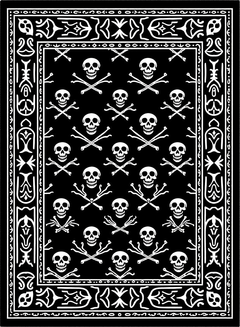 Black White Skull Crossbones Border Rug