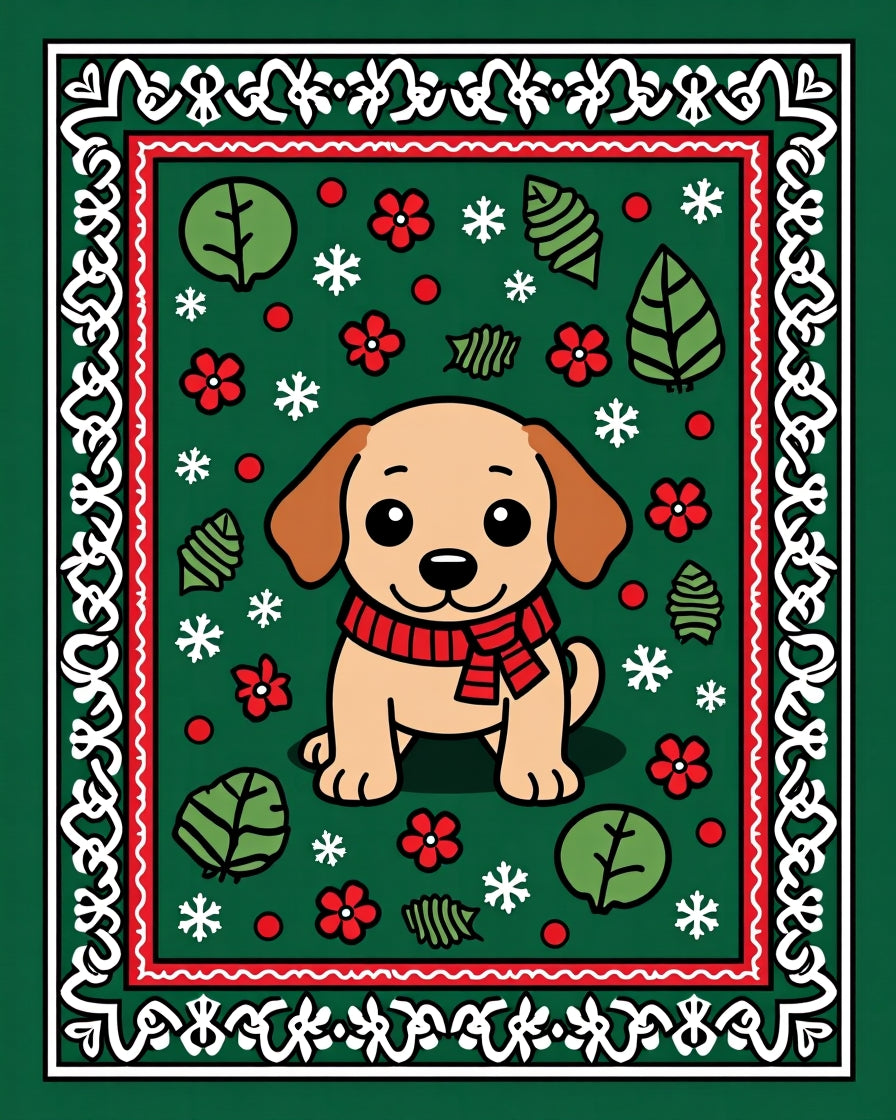 Cute Dog Snowflakes Red Scarf Green Rug