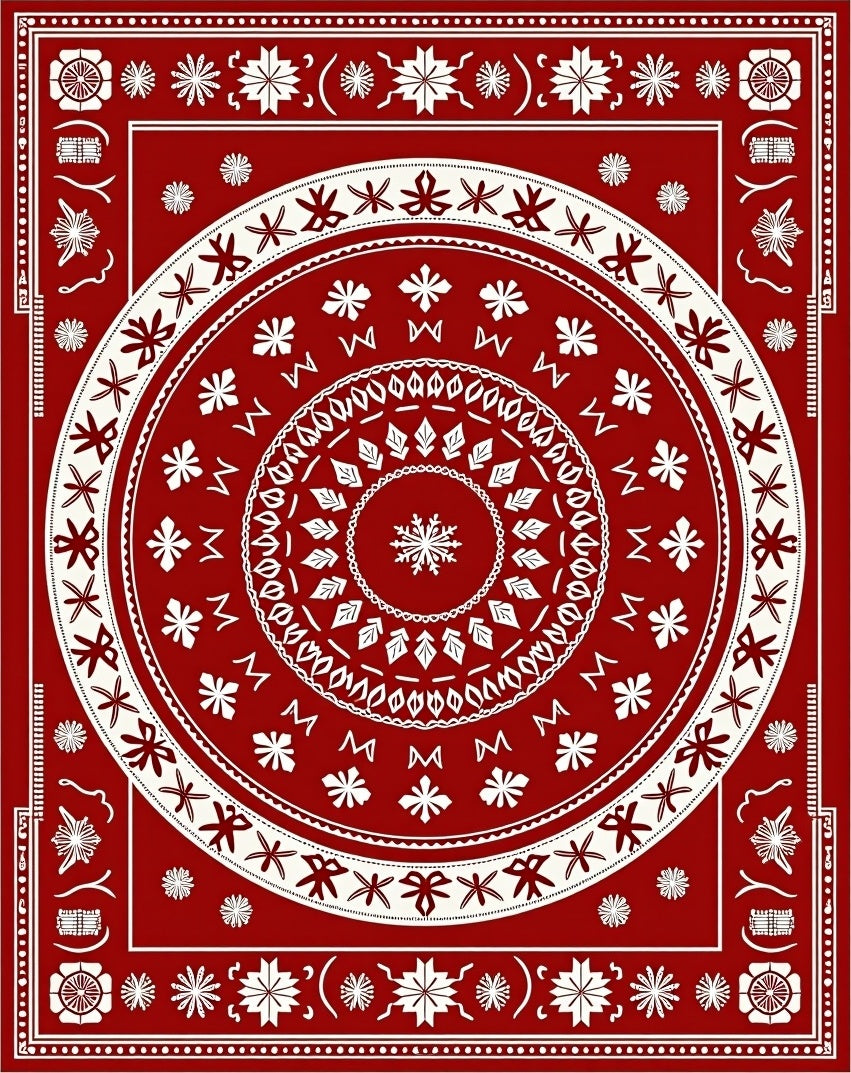 Crimson White Circular Floral Medallion Rug